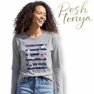 Talbots Long Sleeve Graphic Tee Petite Small Nautical Anchors Away Coastal Chic